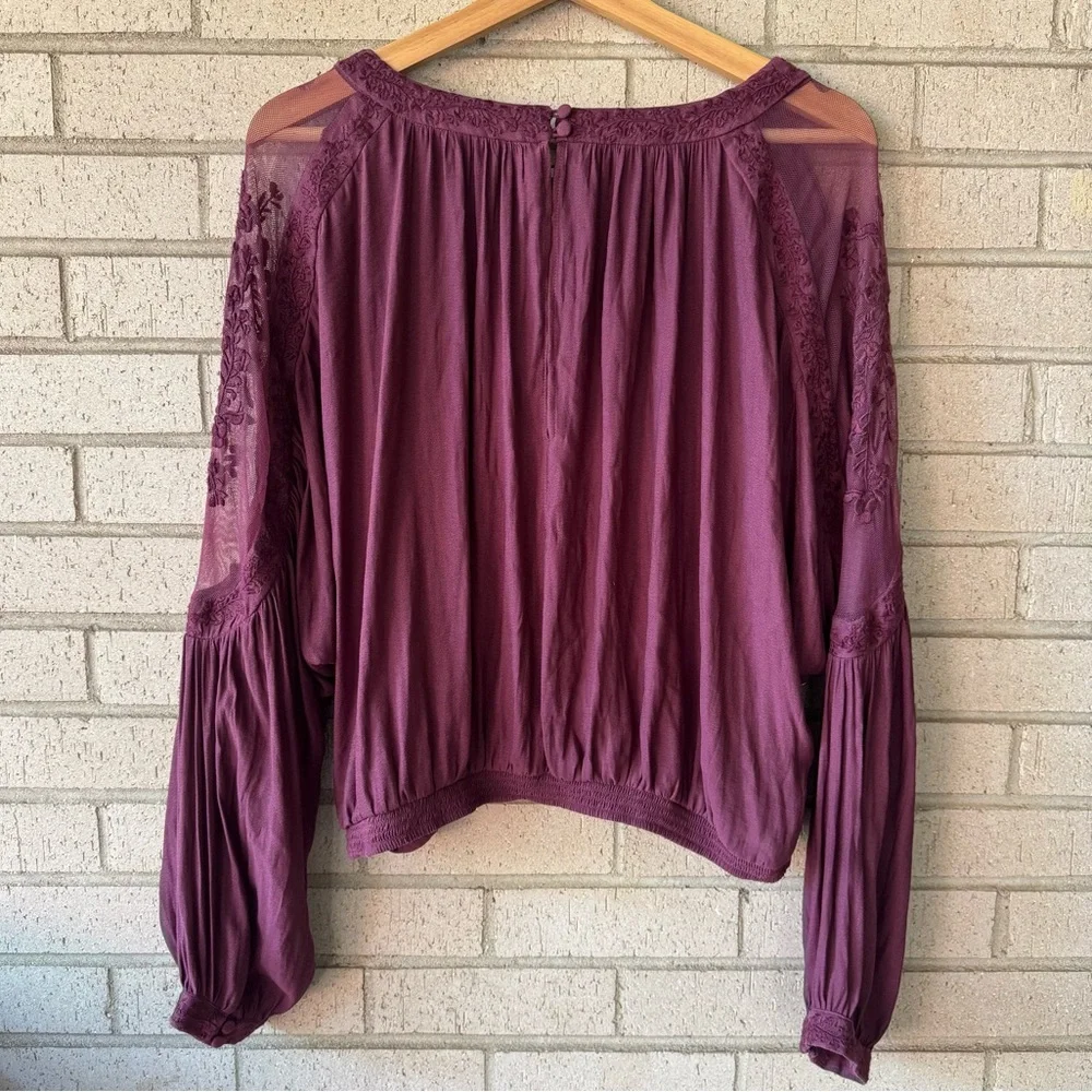Free People Plum Sheer Lace Boho Embroidered Peasant Blouse | Size S